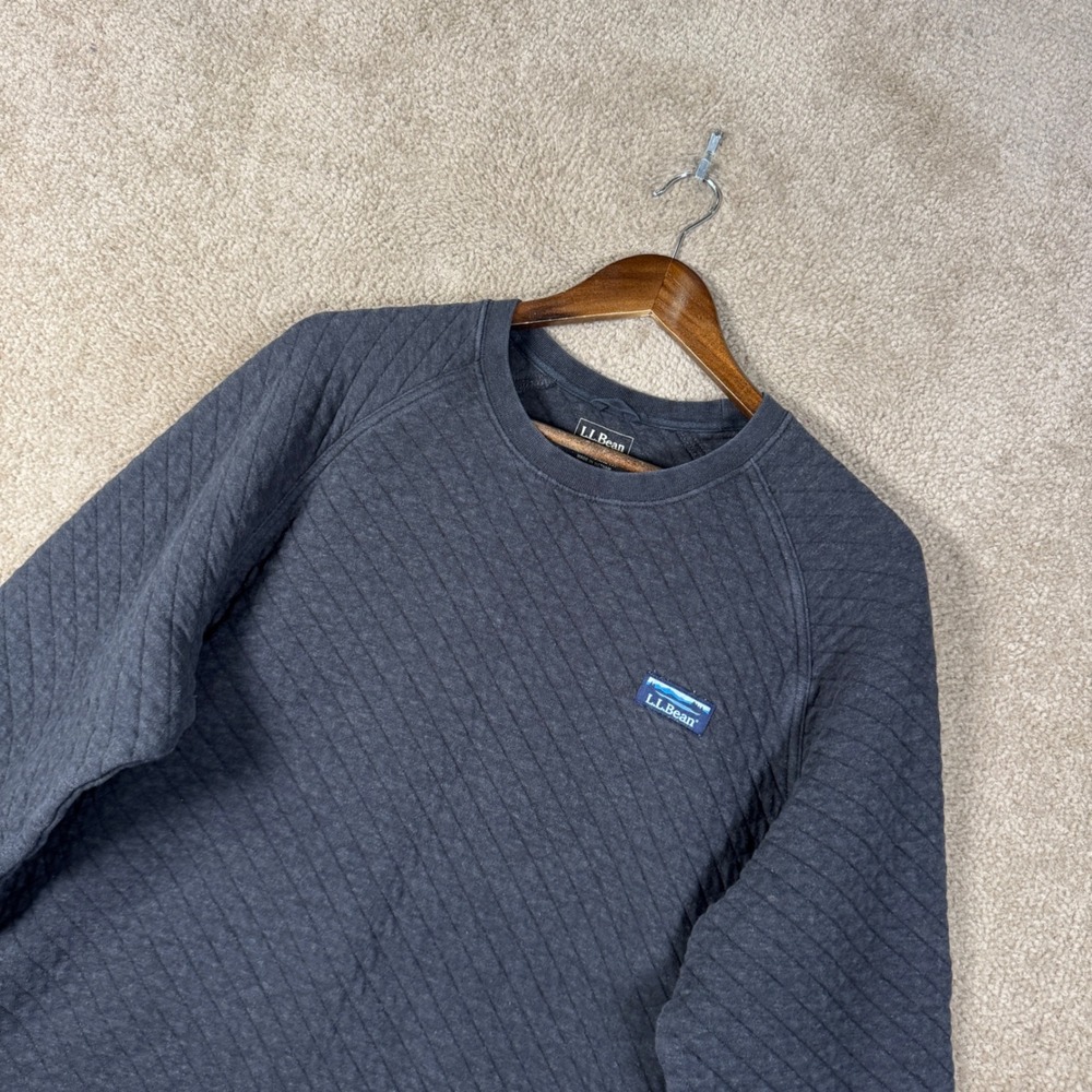 LL Bean Sweatshirt Mens Large Gray Quilted Crewneck Pullover Knit Sweater Logo